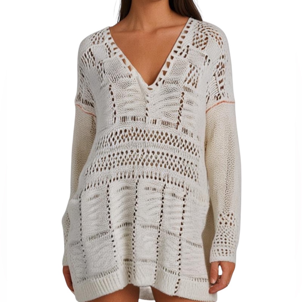 Free People White Sweater Crochet Chunky Knit Oversized Cottagecore Boho Hippie